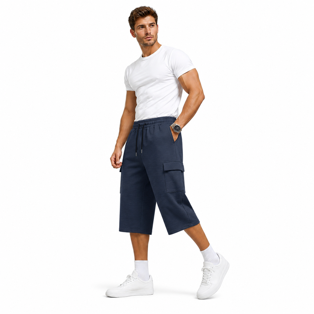 Mens cargo shorts with drawstring waist, cropped length, straight-leg fit and side pocket for casual summer outfits