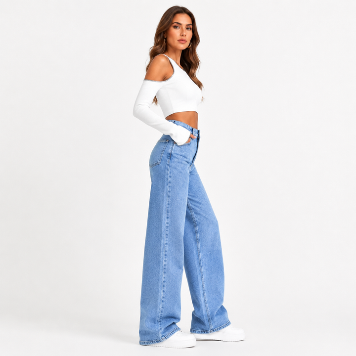 Everyday wide leg jeans for women with cotton spandex blend, pocketed design and clean high waist silhouette to style daily..