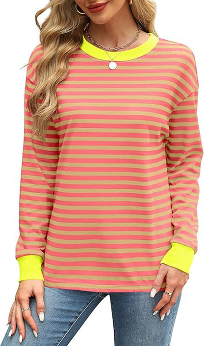 Color Contrast Striped Long Sleeve Top for Women