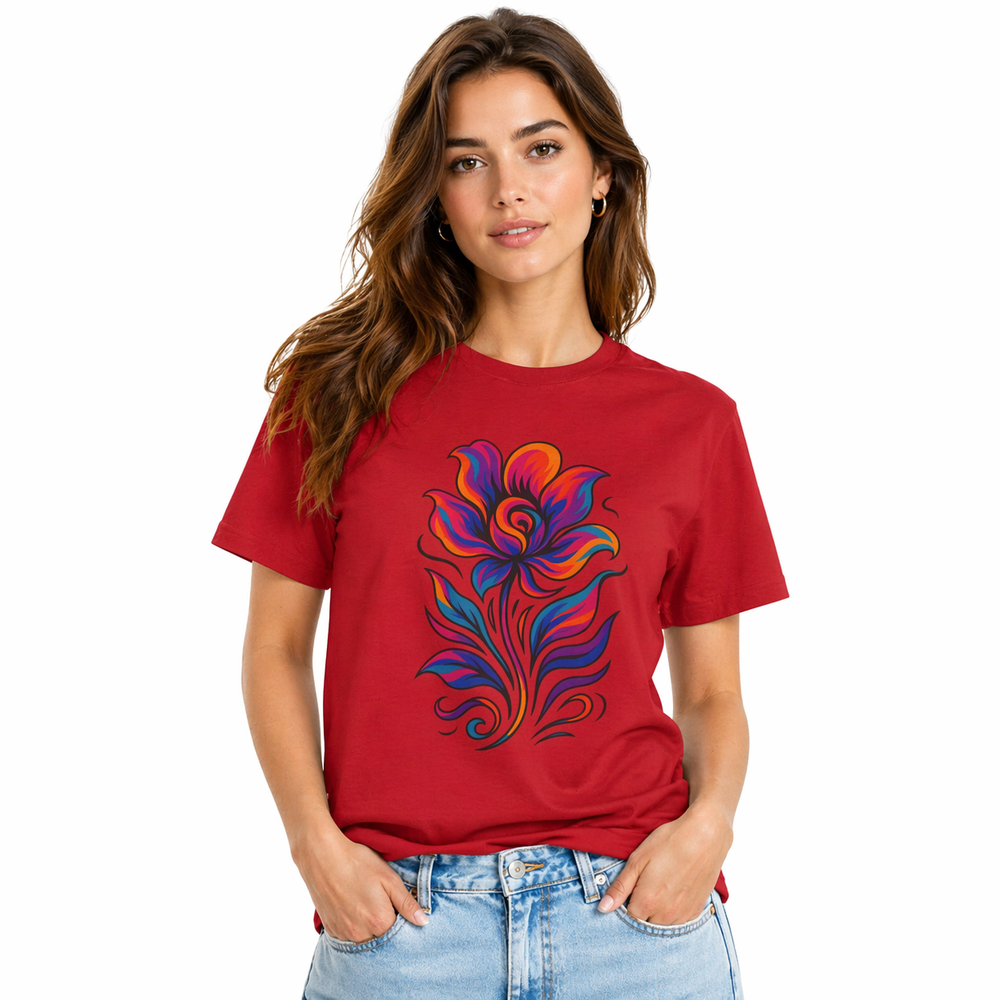 Side angle of a flower graphic t-shirt styled with relaxed trousers and layered jewelry