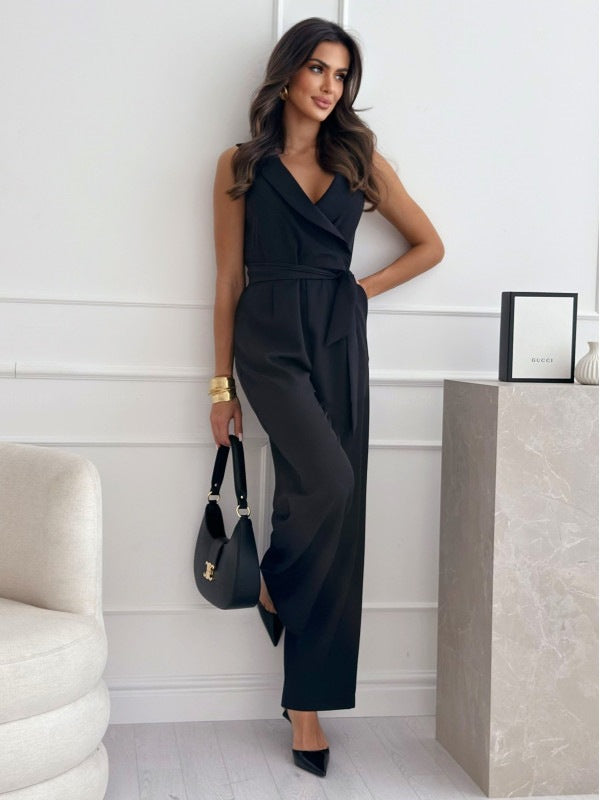 v-neck sleeveless jumpsuit detail of removable belt knot at waist, polished shape for office to evening wear

