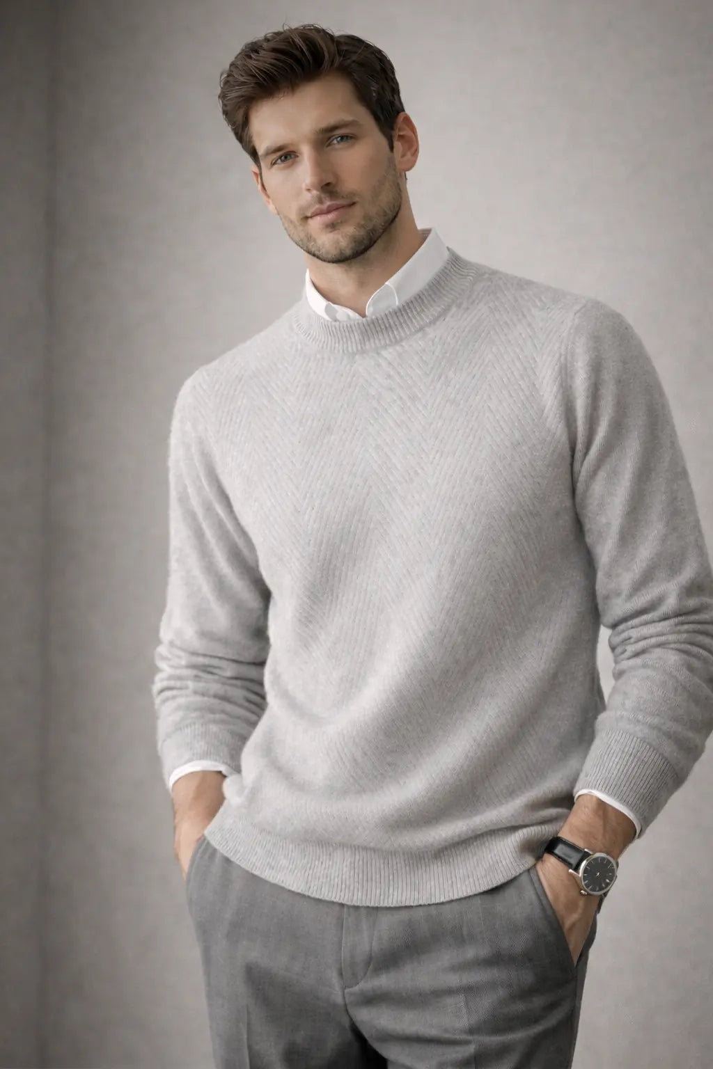 men's wool sweater beige round neck worn with tailored trousers winter styling