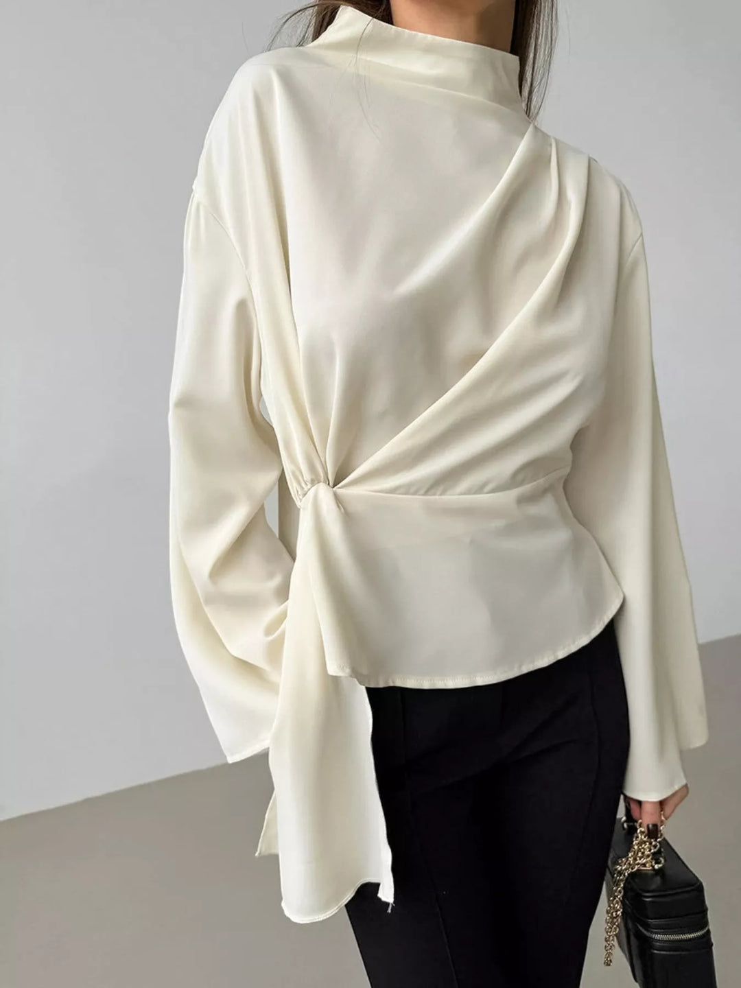 Zipper blouse for women ruched mock neck top side view highlighting sculpted ruching and clean neckline finish

