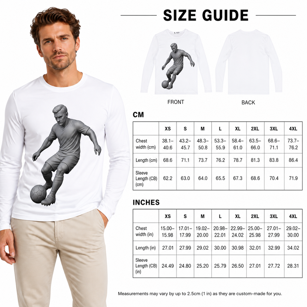 Men's long sleeve soccer shirt made from 100% polyester, breathable comfort for everyday outfits, match watching and gifting.
