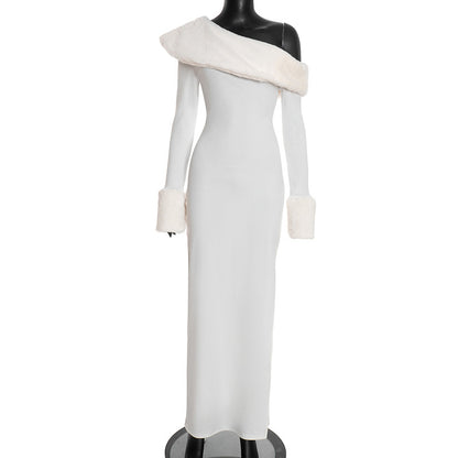 White Christmas Maxi Dress - Oblique Collar, Clean Cut.