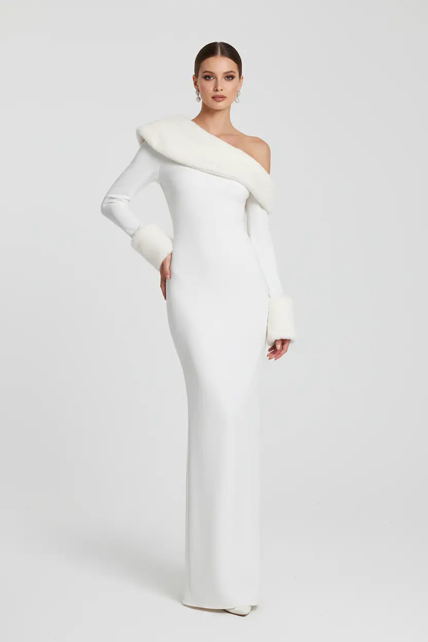 White Christmas Maxi Dress - Oblique Collar, Clean Cut.