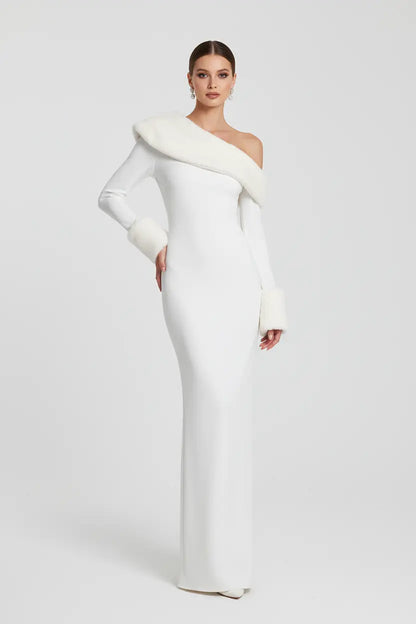 White Christmas Maxi Dress - Oblique Collar, Clean Cut.