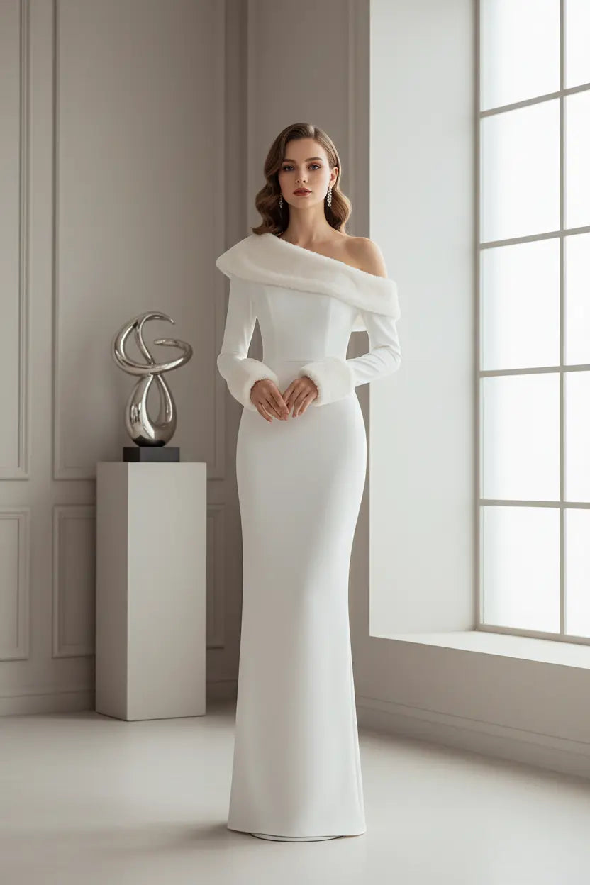 holiday party white dress in solid white, oblique collar detail visible, photographed beside decorated Christmas tree lights
