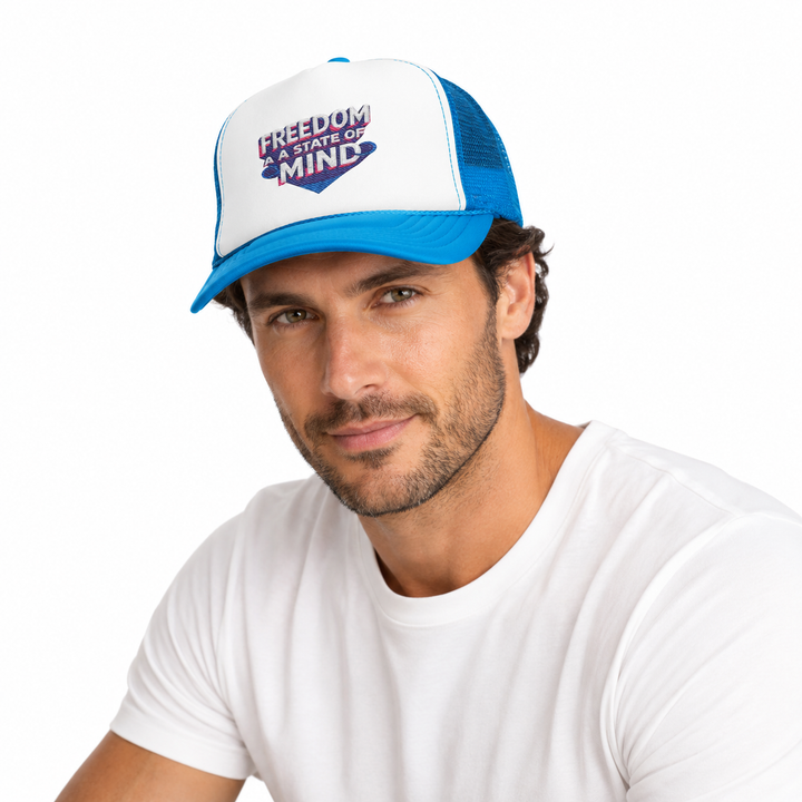 Man wearing a white and blue cap with &