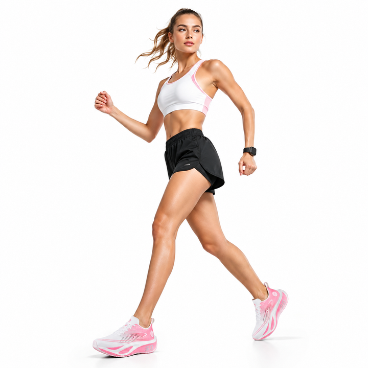 Carbon plated running shoes angled to show rubber outsole grip and bounce cushion midsole
