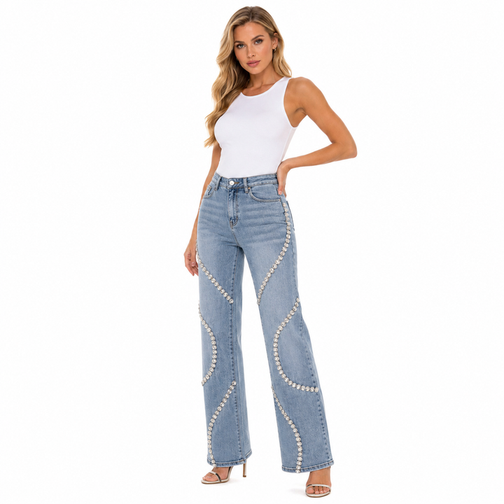 Rhinestone denim jeans for women in blue, with full-length straight legs, medium thickness and a clean mid-rise street style.
