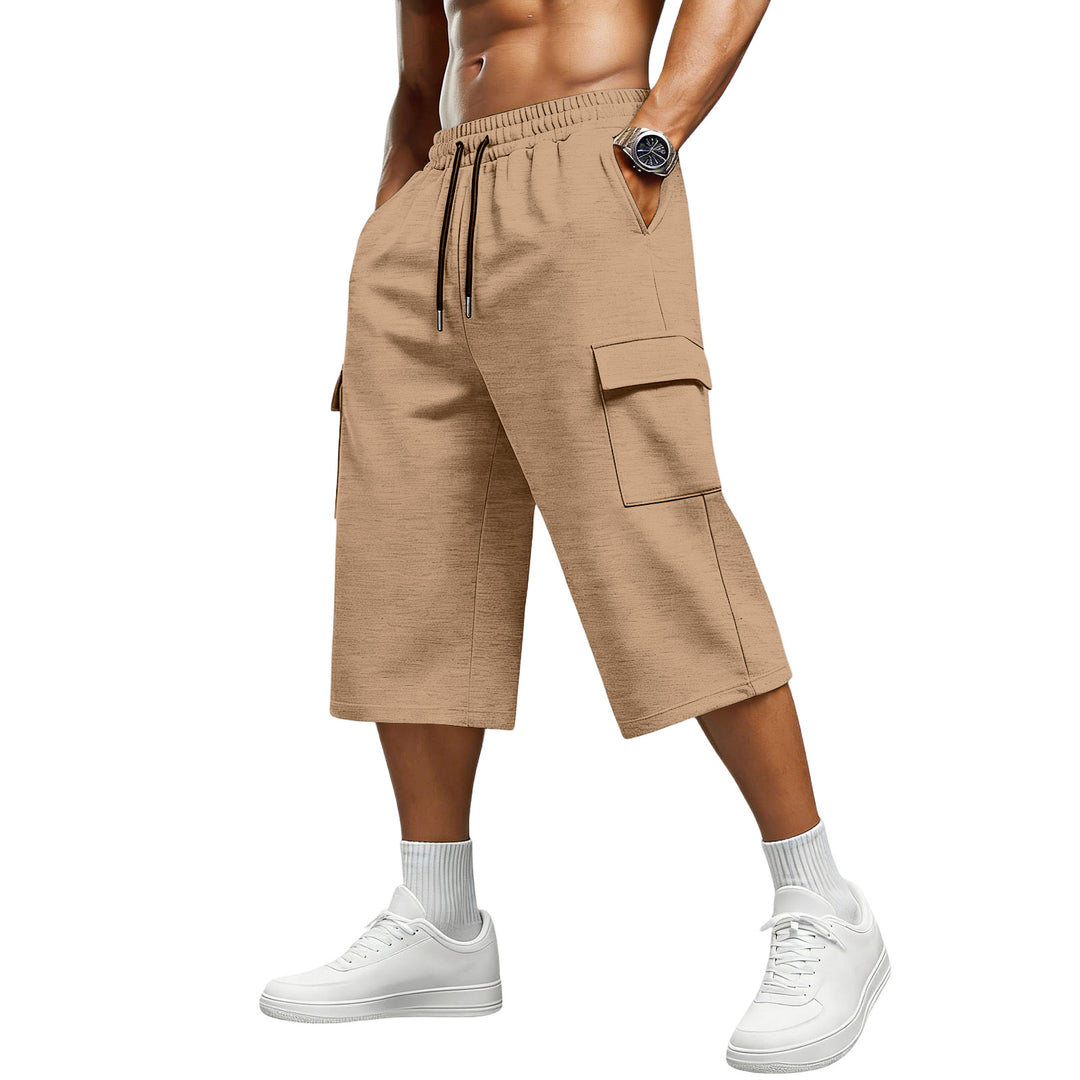 Khaki mens cargo shorts with practical side pocket, cropped 7/8 length and drawstring waist for relaxed everyday outfit style