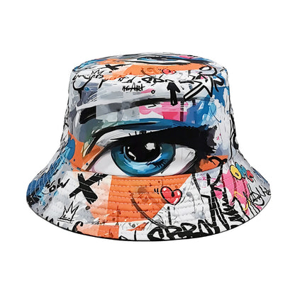 eye print bucket hat multicolor graffiti design on white bucket hat, lightweight polyester sun protection for outdoor walks
