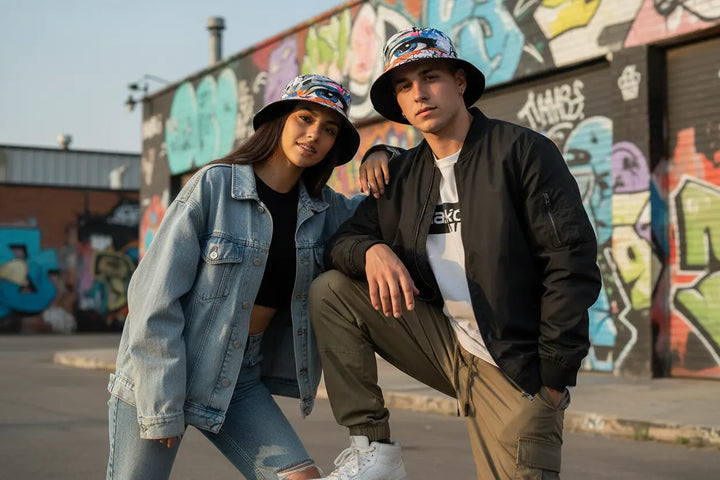 white bucket hats bold eye print polyester dome crown on white base, streetwear sun hat for beach travel and festivals
