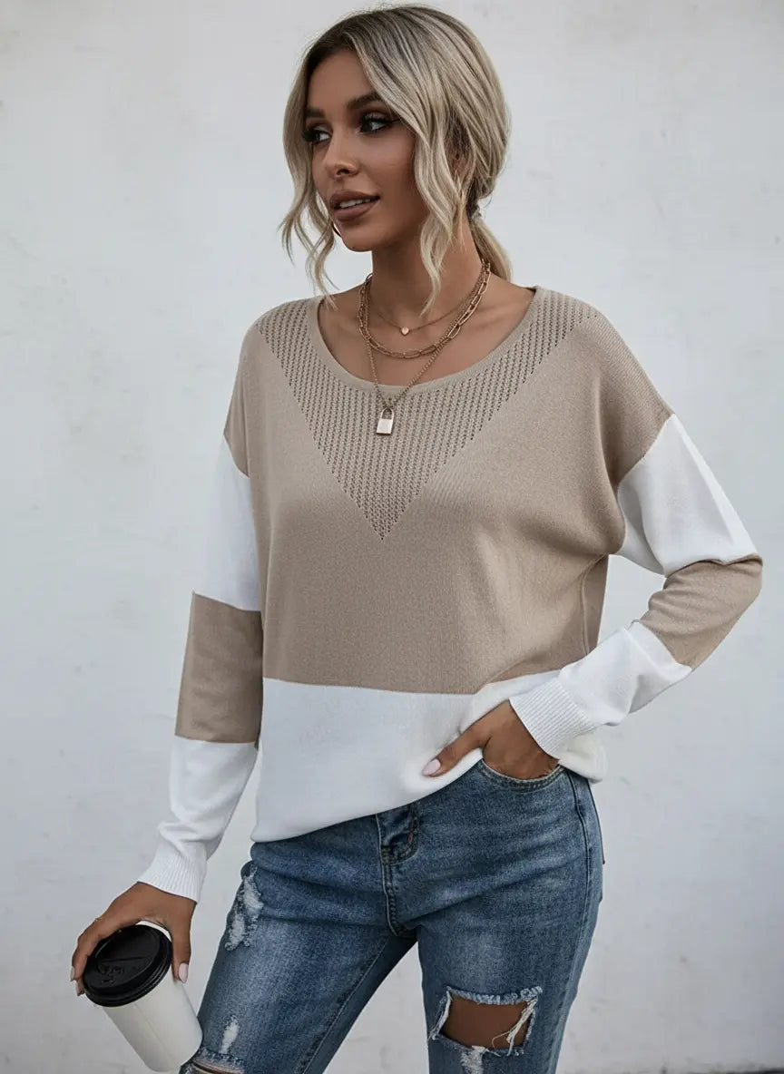 Color Block Round Neck Sweater – Ribbed Pullover