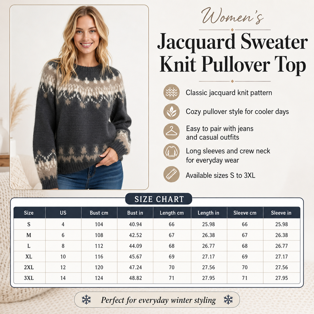 Promotional product graphic for a women's jacquard knit pullover top. On the left, a smiling woman wears a dark charcoal gray sweater with a cream and white Nordic/Fair Isle pattern.