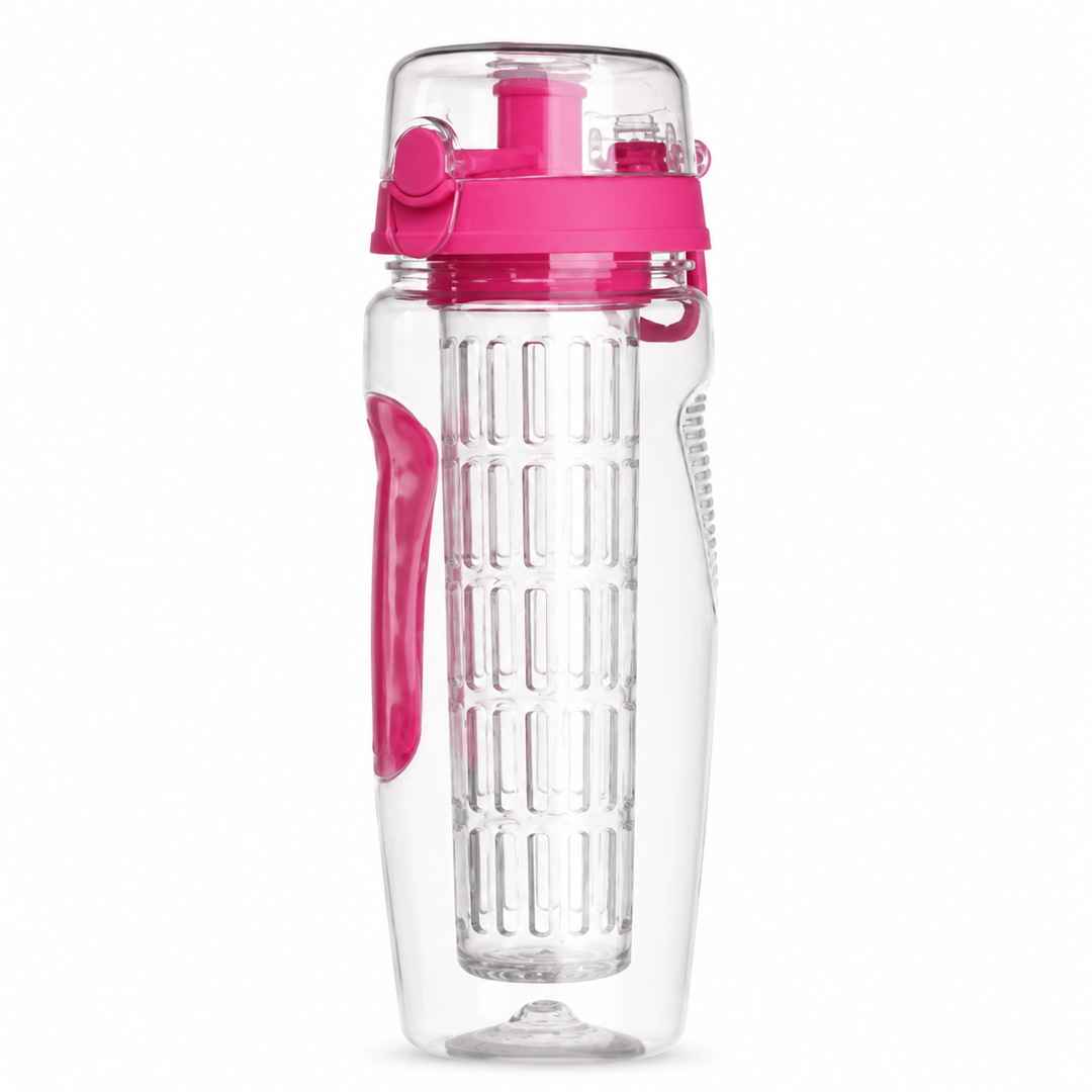 Clear water bottle with pink accents on a white background