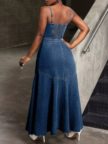 summer denim dress front detail showing smocking stretch and buttoned design in blue denim, perfect for brunch and weekends
