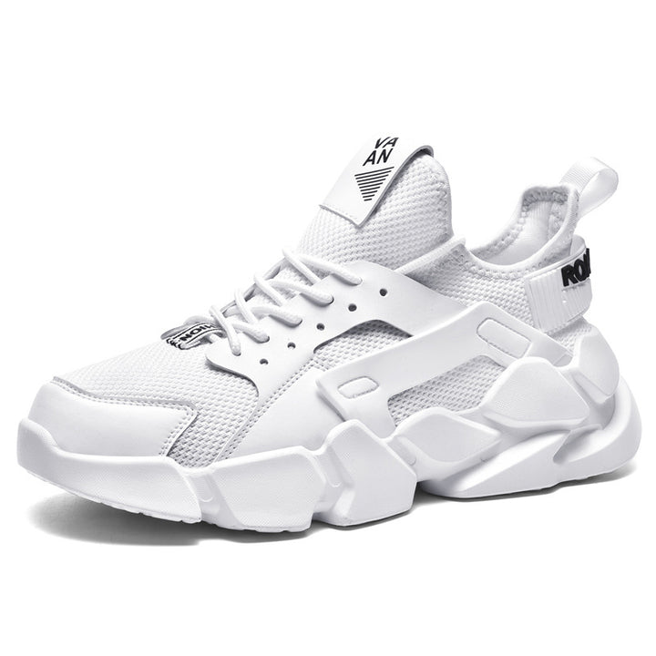 Clean white sports casual shoes for men with breathable mesh upper and PU sole, suitable for daily walking comfort and style.