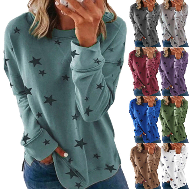 women’s star print sweatshirt khaki casual loose pullover everyday fashion