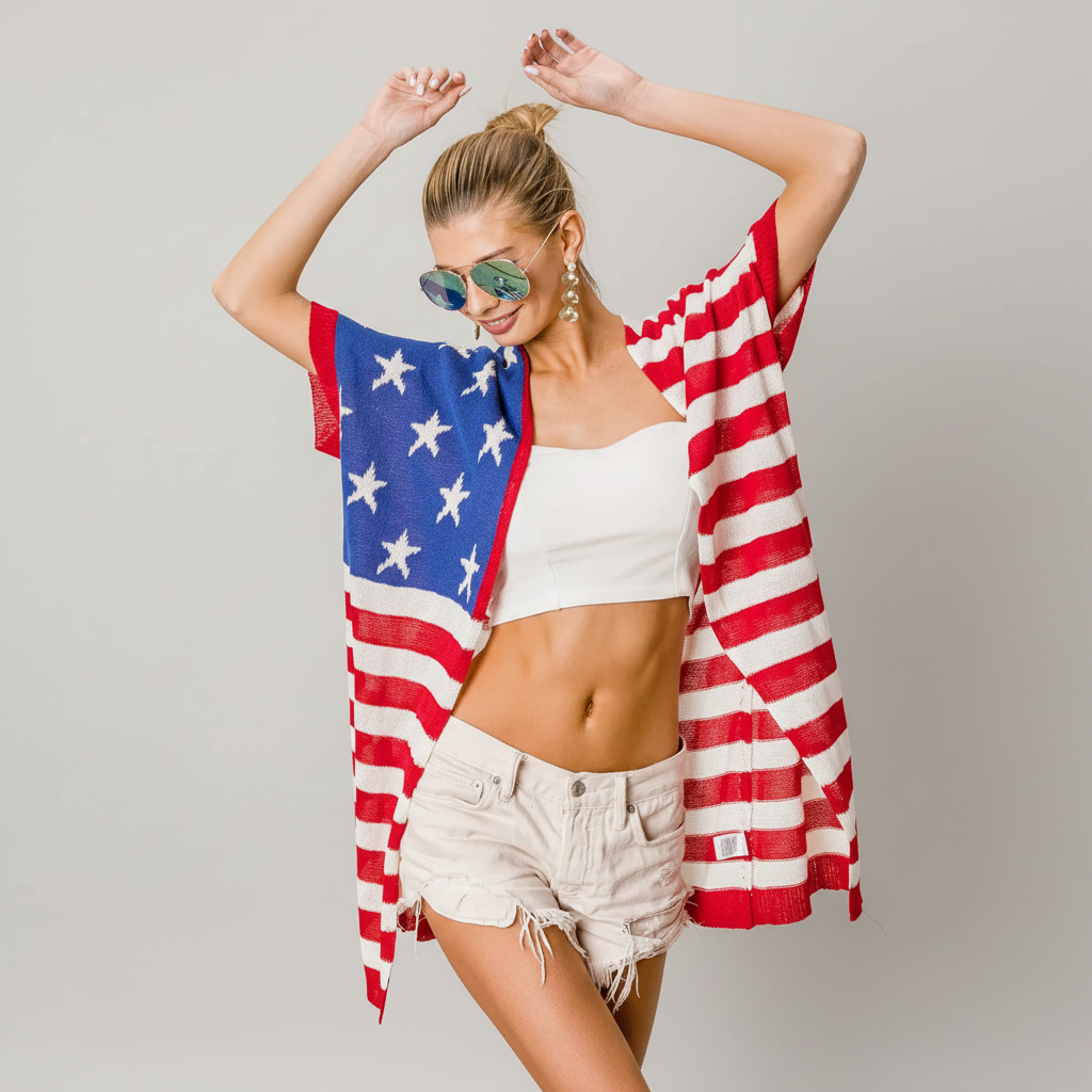 Low gauge knit cardigan with stars and stripes design on a clean white background