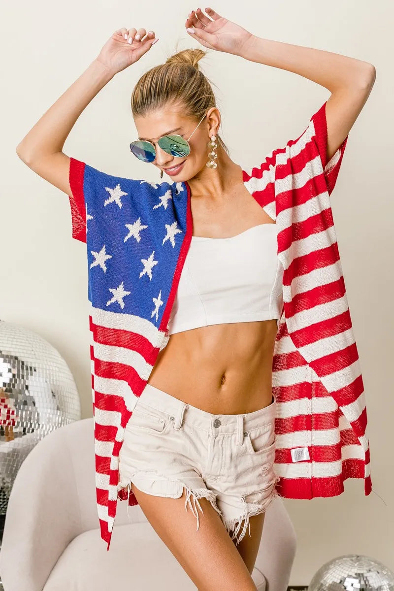 Model wearing red white and blue cardigan with relaxed open-front fit