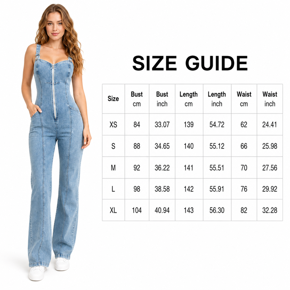 Full-length sleeveless denim jumpsuit with zipper front and patchwork construction styled as an easy one-piece women's outfit
