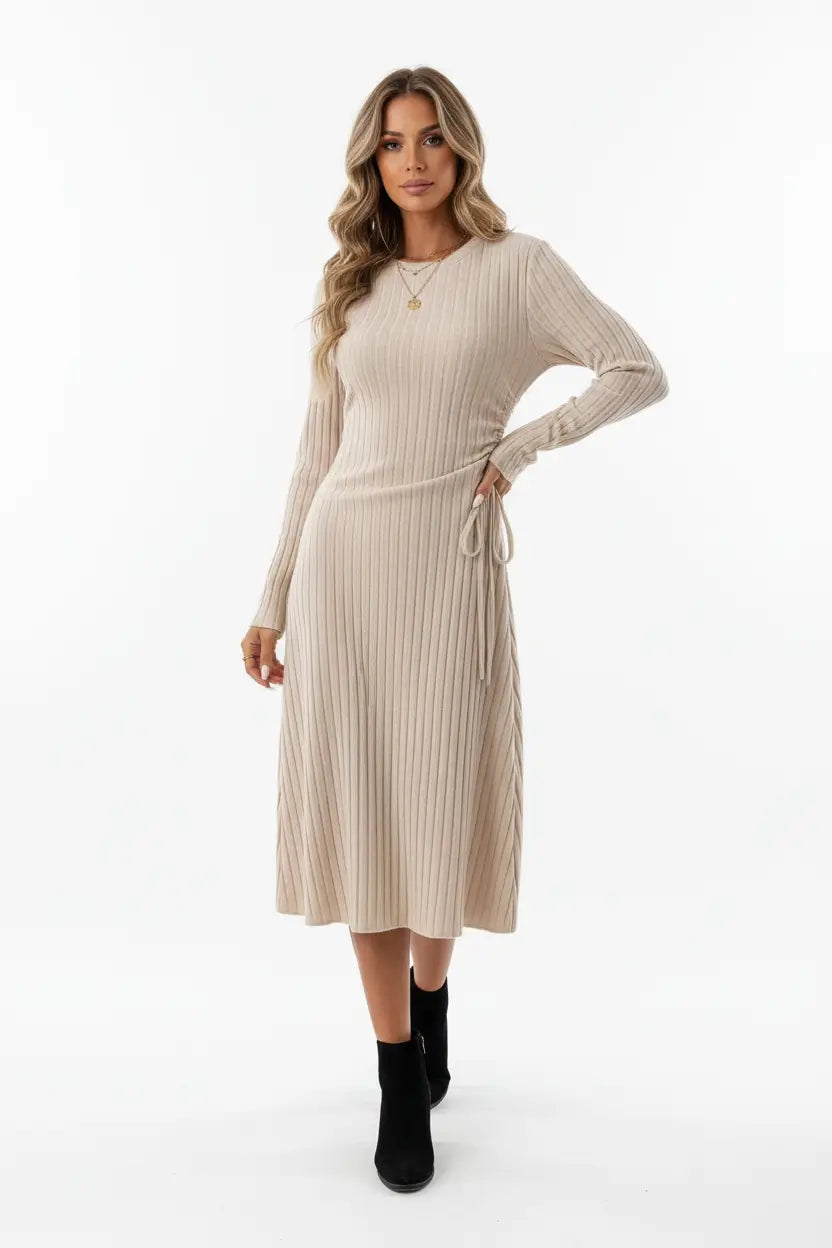 Long sleeve casual dress apricot neutral background