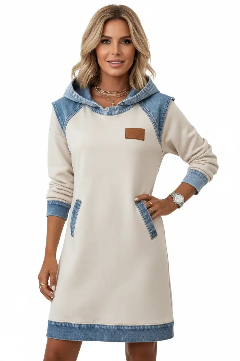 Denim Color Matching Ladies Hoodie Skirt peacock green tone contrast panels close up on sleeve and hem detail