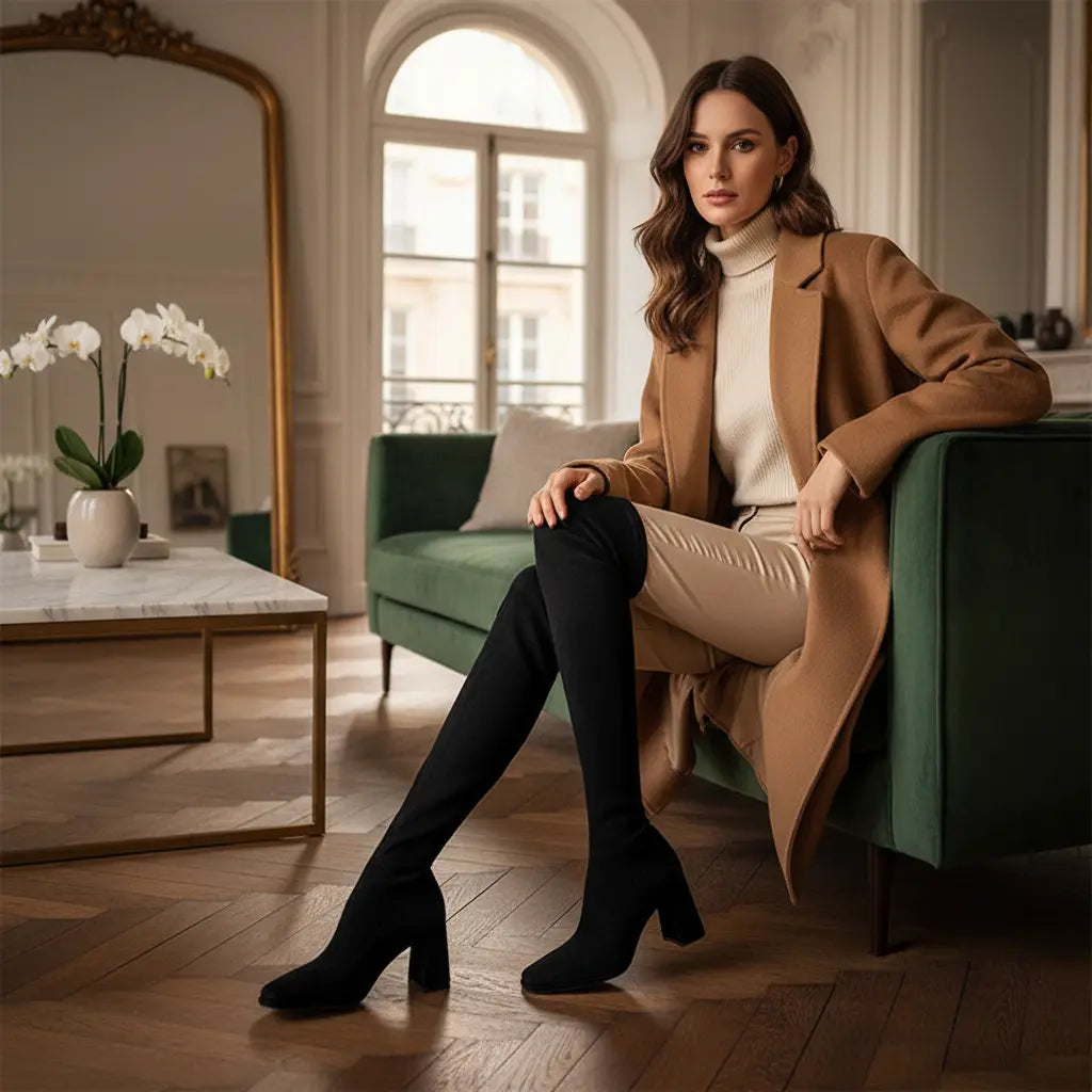 chunky heel thigh high boots worn with knit dress winter styling