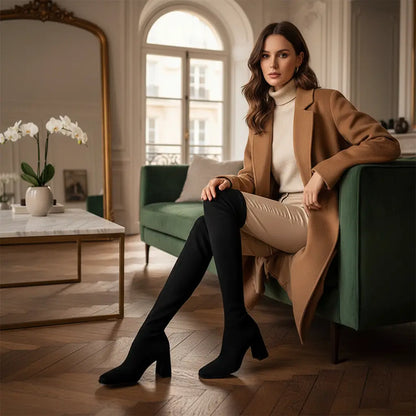 chunky heel thigh high boots worn with knit dress winter styling