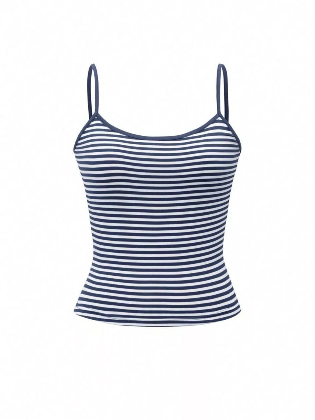Navy and white striped tank top on a white background