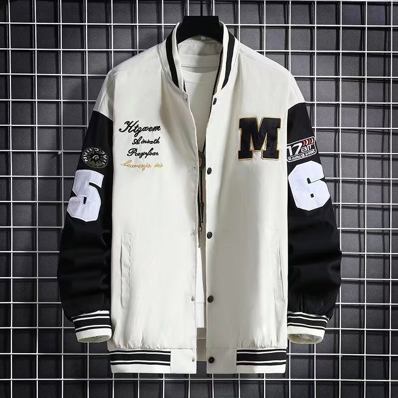 men's baseball jacket back view clean drape and structured fall