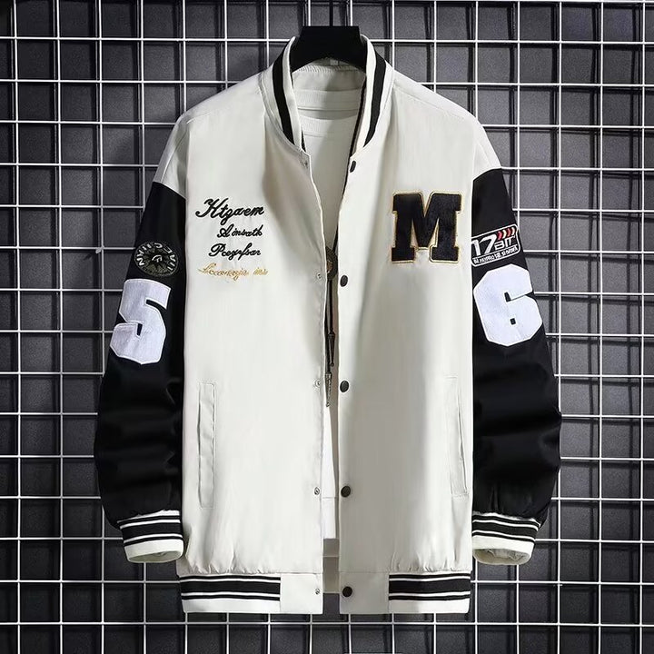 men's baseball jacket back view clean drape and structured fall