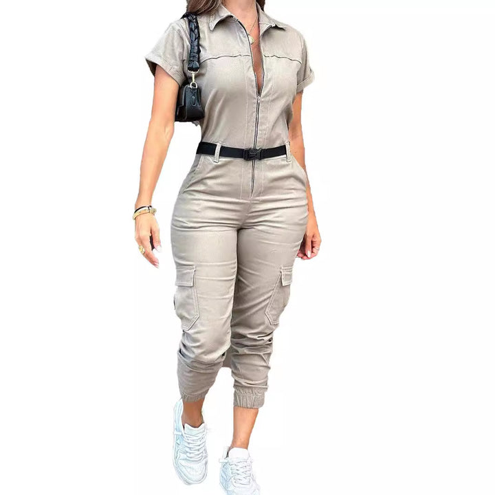 Casual jumpsuit product view showing existing one-piece utility design cargo pockets and garment details for buyer reference.