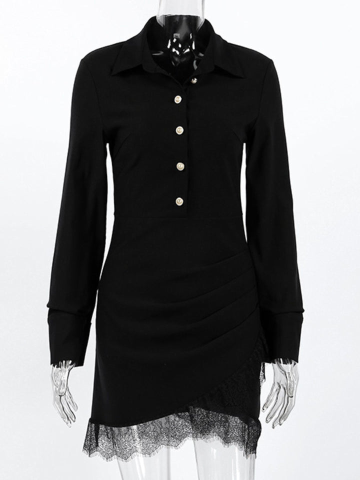 lace detail button front dress chic professional styling neutral heels