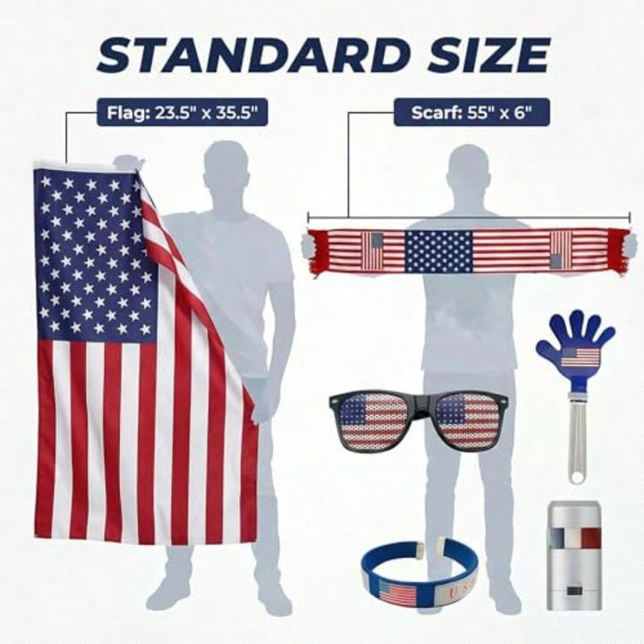 American flag-themed accessories with size chart on a white background