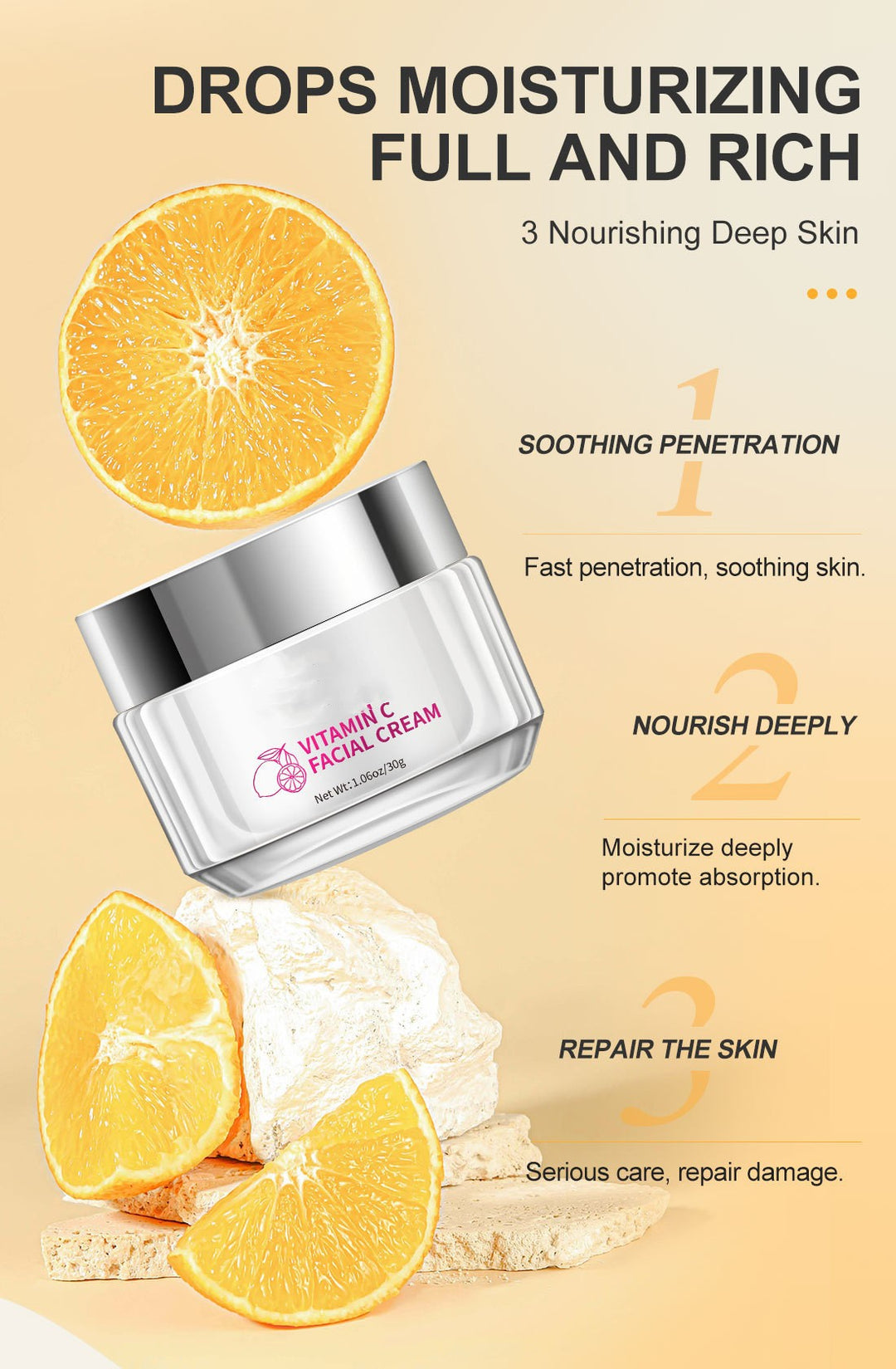 Vitamin C face cream in a 30g jar for universal skin types with compact packaging, product image 3 for size selection online.