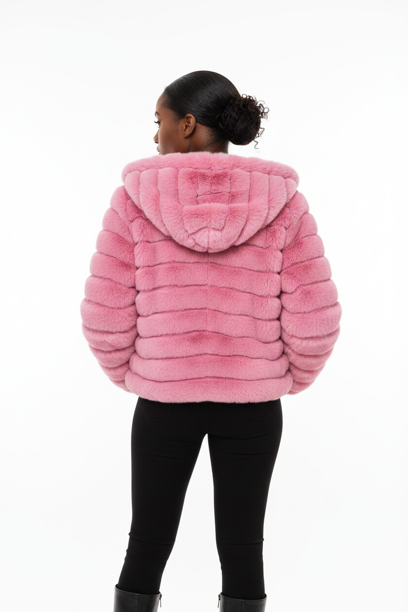 Hooded faux fur coat for women with hidden hand pockets, short length, regular fit and a polished look for day-to-night wear.