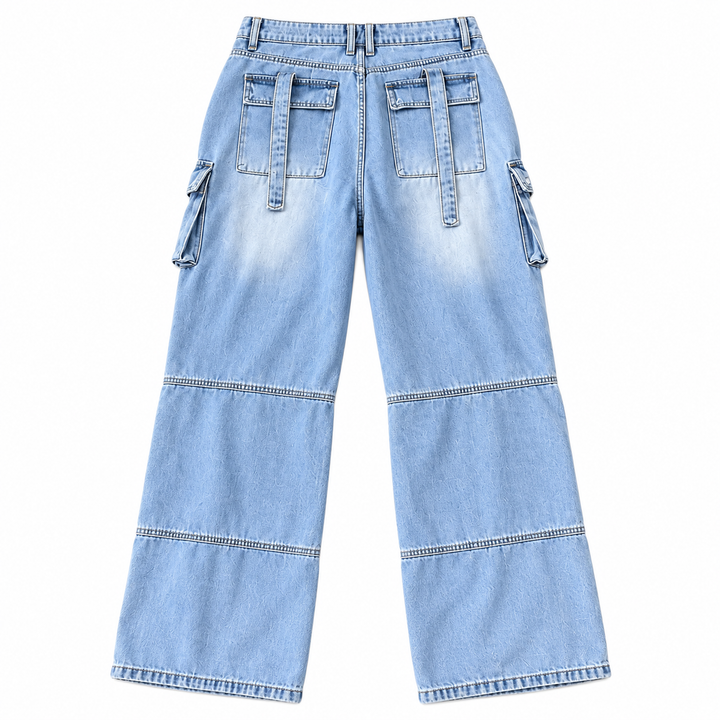 Light blue wide-leg cargo jeans isolated back view