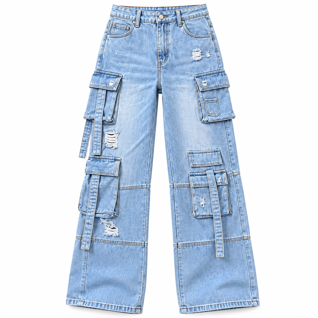 Light blue cargo jeans isolated front view with pockets and ripped details