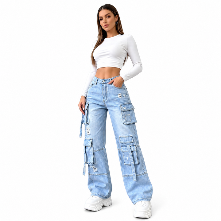 Light blue cargo jeans on model, three-quarter front view