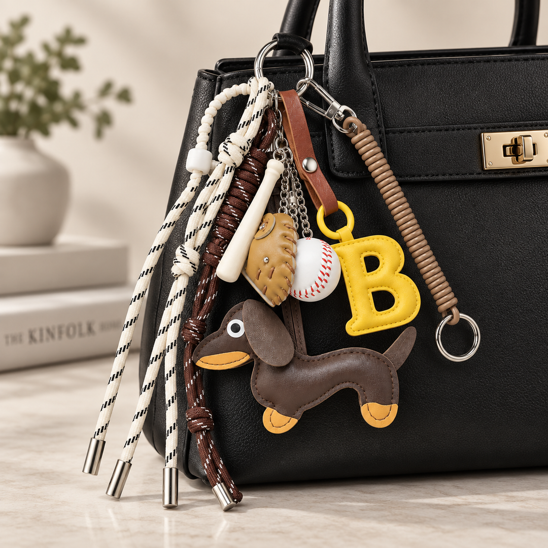 Baseball B and dachshund bag charm set attached to a black handbag
