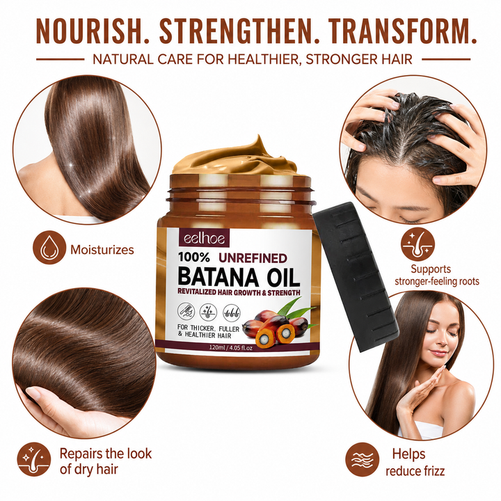 Batana Oil Conditioner benefits collage with hair smoothness, scalp care and EELHOE product jar on a clean white background.