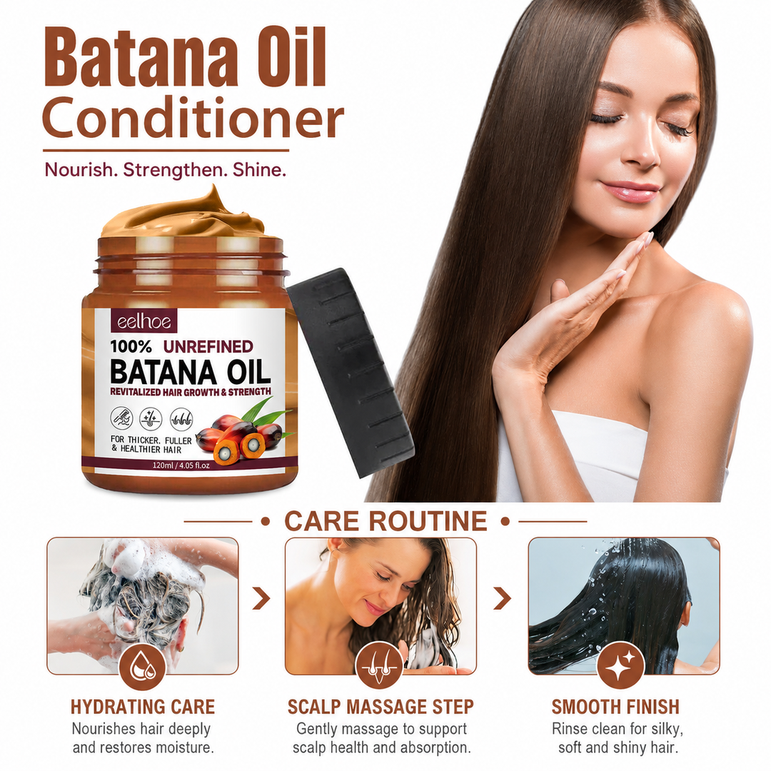 Batana Oil Conditioner care routine collage with product jar, model and hair care steps arranged on a clean white background.