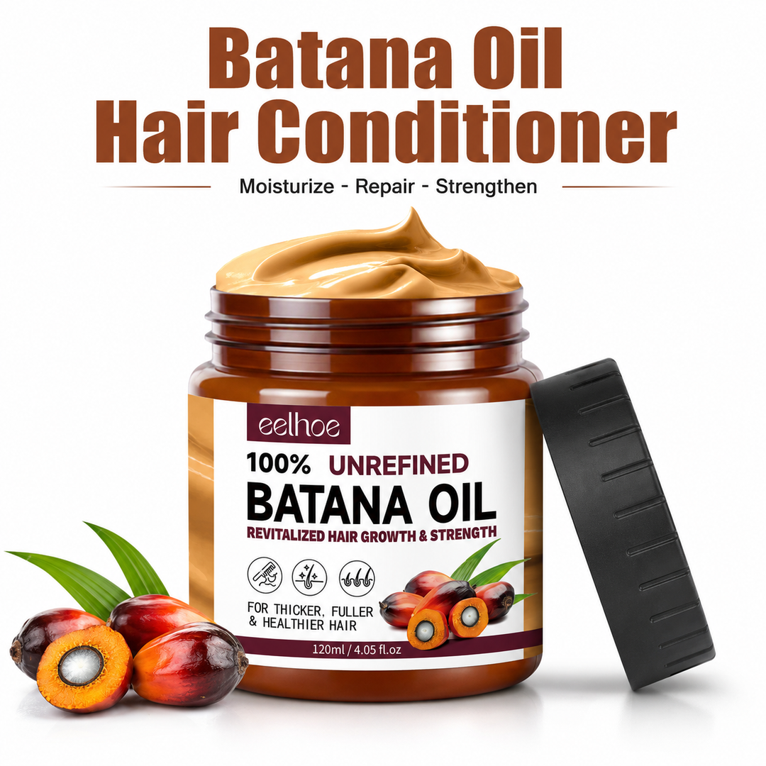 Batana Oil Conditioner product hero image with EELHOE jar, open cream texture and clean white background for hair care shopping.