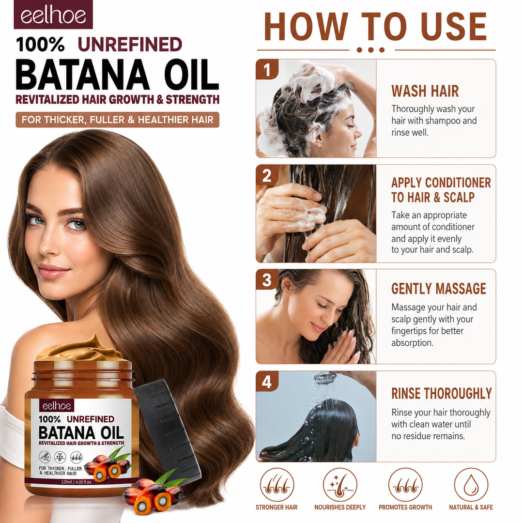 Batana Oil Conditioner how to use guide with washing, application, scalp massage and rinse steps on a white background.