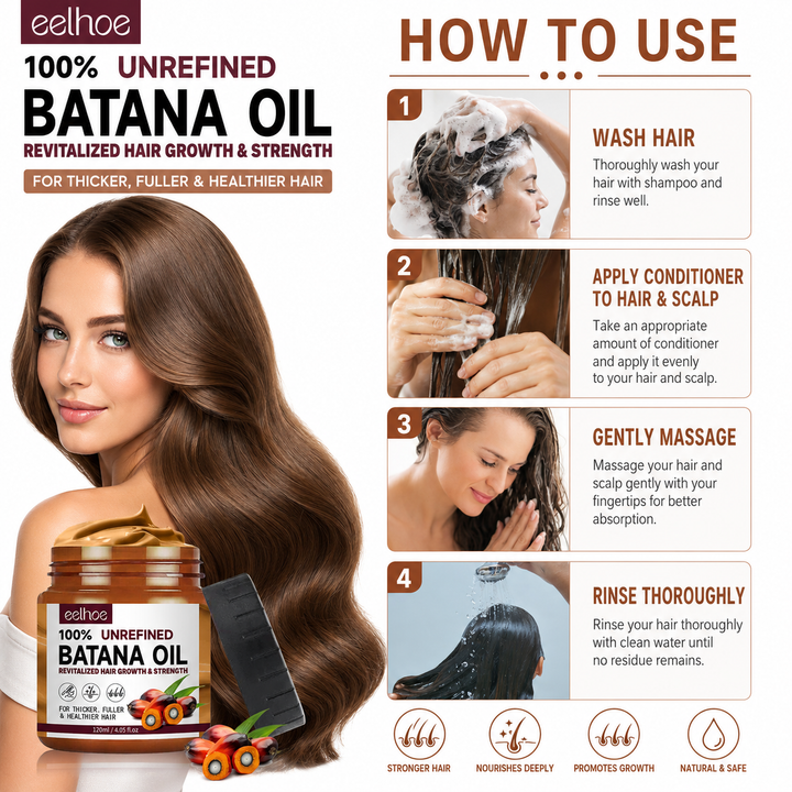 Batana Oil Conditioner how to use guide with washing, application, scalp massage and rinse steps on a white background.