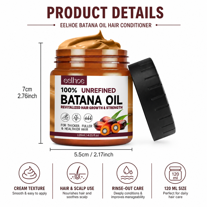 EELHOE Batana Oil Conditioner product details image with jar dimensions, cream texture and rinse-out care information.