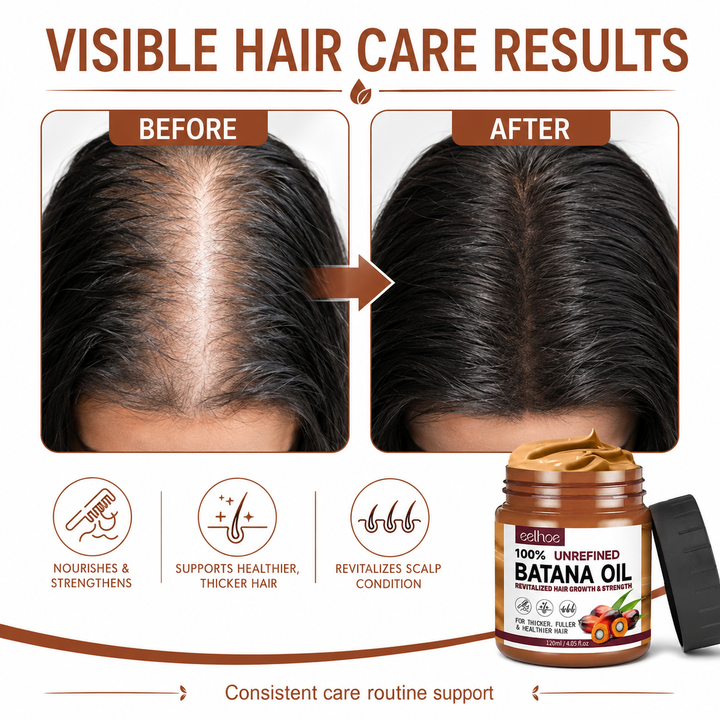 Batana Oil Conditioner before and after hair care comparison graphic with EELHOE product jar on a clean white background.